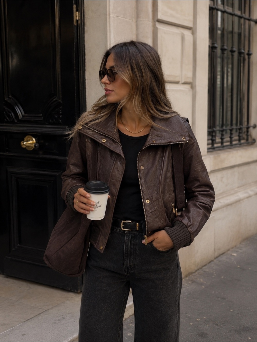 Jones New York Dark Brown Leather Jacket with Gold Hardware
